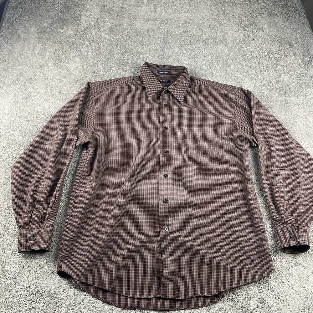 Arrow Dress Shirt Mens 15 Brown Plaid Wrinkle Free Long Sleeve